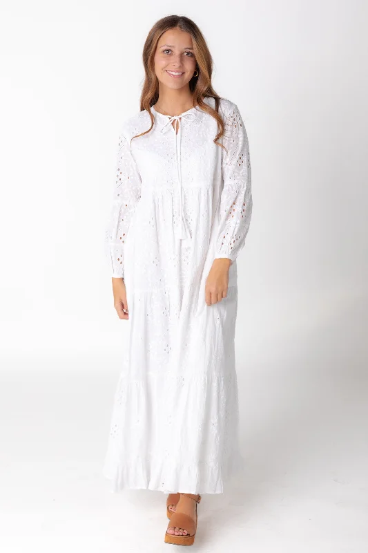 elegant maxi dresses online -Maxi dress with button front,Citrus Nila Eyelet Dress - White