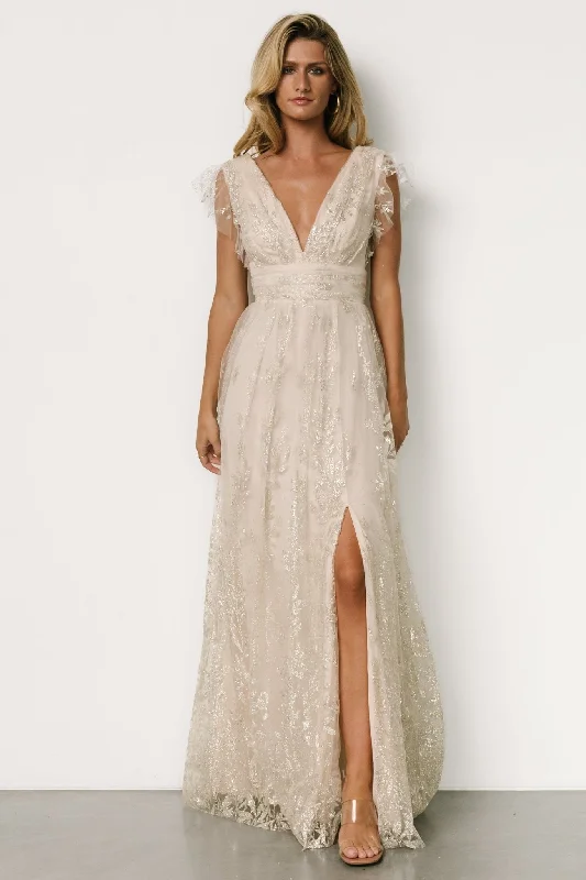 casual maxi dresses online -Maxi dress with youthful look,Karina Shimmer Gown | Ivory + Silver