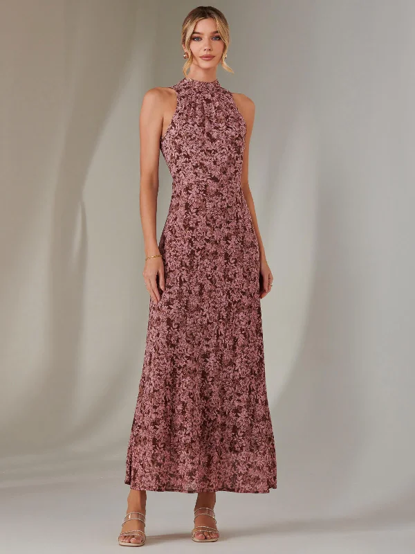 long maxi dresses for party -Maxi dress with tie waist,Chiffon Maxi Dress, Burgundy Pattern