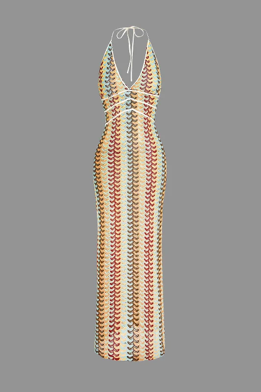 plus size maxi dresses for summer -Maxi dress with illusion sleeves,Striped Crochet Halter V-neck Backless Slip Maxi Dress