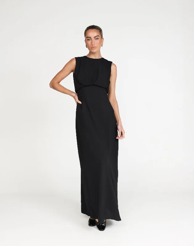 evening maxi dresses for date -Maxi dress with illusion neckline,Liza Maxi Dress (Black)