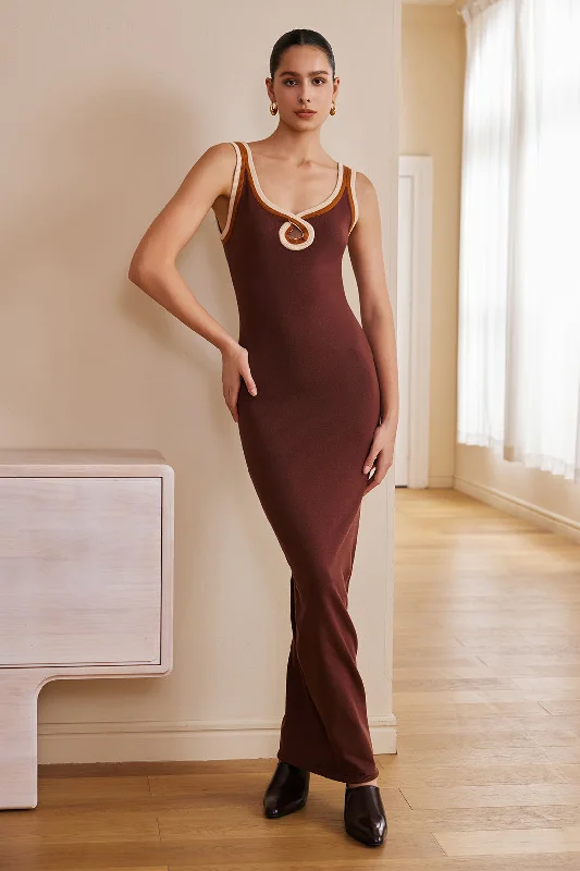 long sleeve maxi dresses for date -Maxi dress with racerback style,Solid Cut Out Color Block Maxi Dress