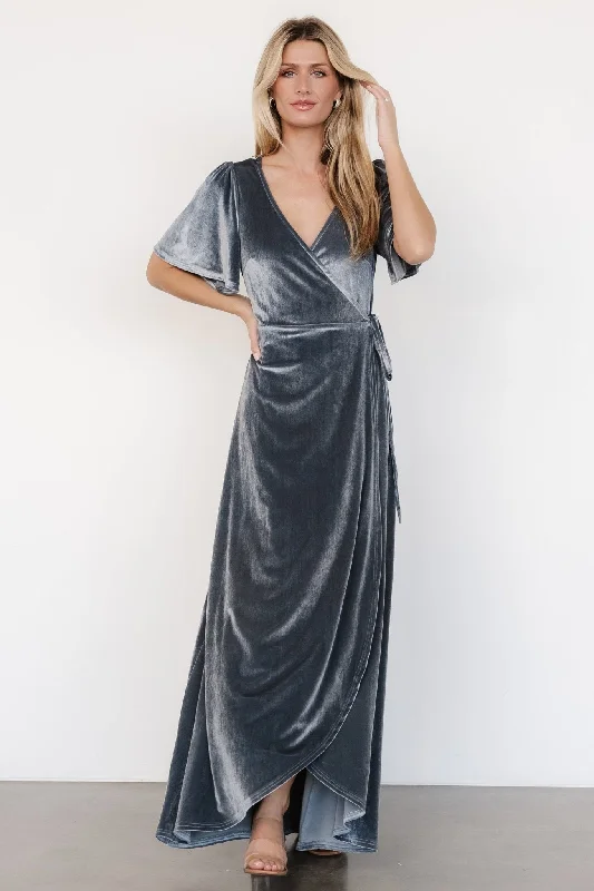 plus size maxi dresses for party -Maxi dress with frilly details,Katelyn Velvet Maxi Wrap Dress | Dusty Blue