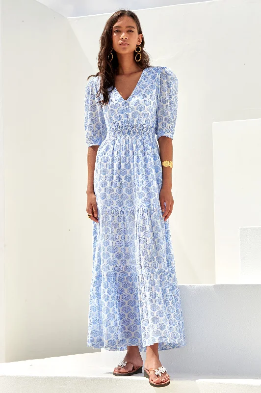 casual maxi dresses for party -Maxi dress with ruffled hem,Billie Short Sleeve Dress | Shell Marina Blue