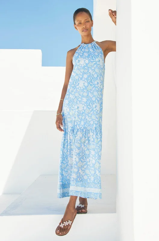 velvet maxi dresses online -Maxi dress with sheer panels,Bonnie Halter Block Print Maxi Dress | Blue/White