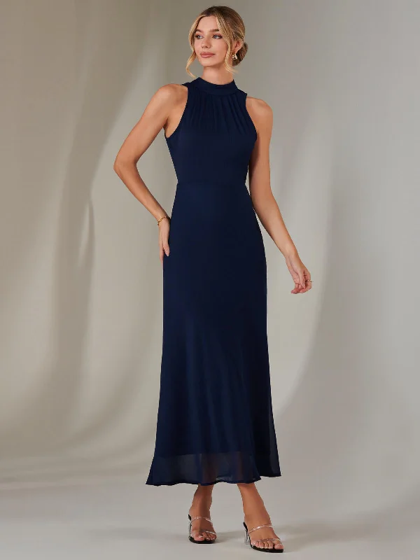 long sleeve maxi dresses online -Maxi dress with utility style,Halter Neck Open Back Chiffon Maxi Dress, Navy