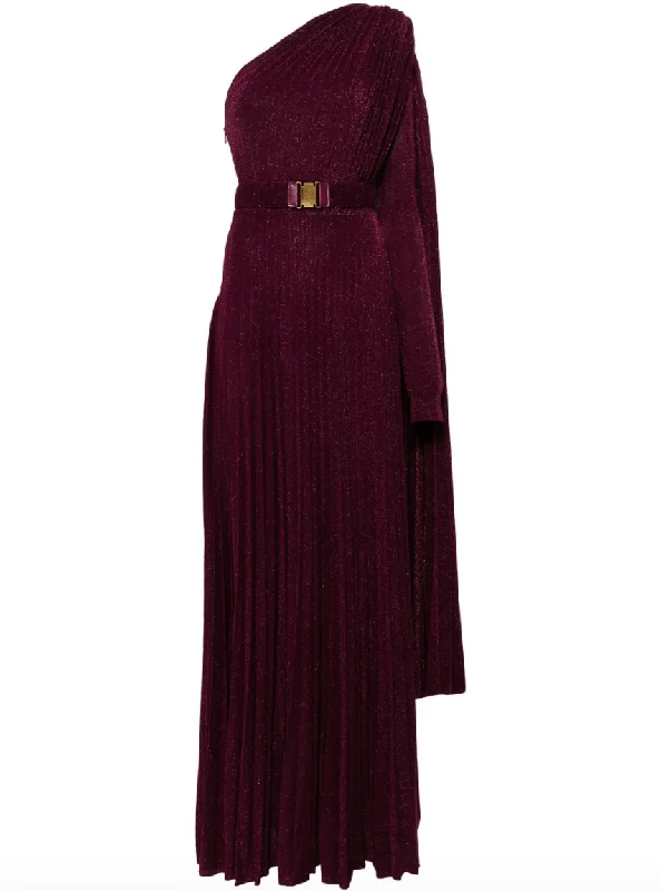 casual maxi dresses for summer -Maxi dress with wrap style,one-shoulder burgundy maxi dress