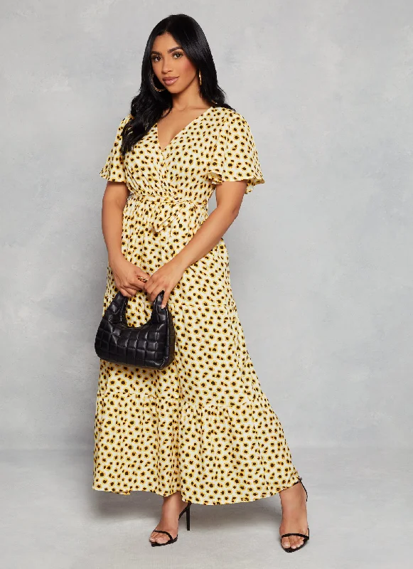 cotton maxi dresses for women -Maxi dress with tropical print,Sunflower Flutter Sleeve Maxi Sundress