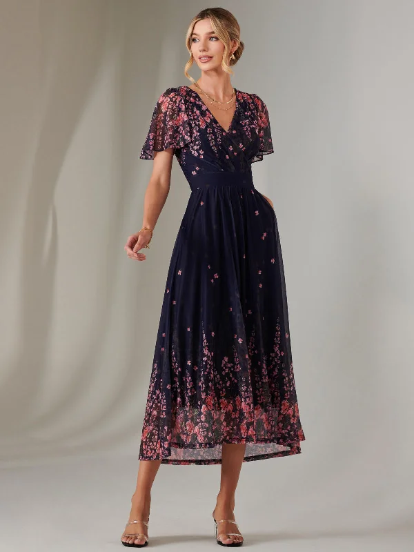 cotton maxi dresses for summer -Maxi dress with ruffled hem,Wrap Maxi Dress, Navy Pink Multi