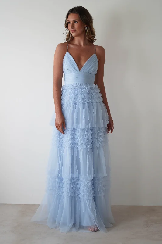 lace maxi dresses for summer -Maxi dress with open back,Madeleine Tulle Layered Maxi Dress | Blue