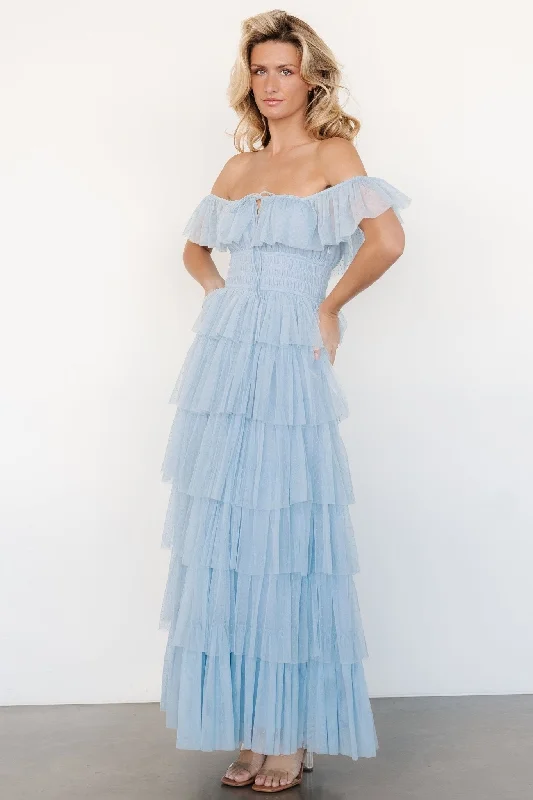 lace maxi dresses for sale -Maxi dress for cocktail parties,Valora Swiss Dot Tulle Maxi Dress | Light Blue