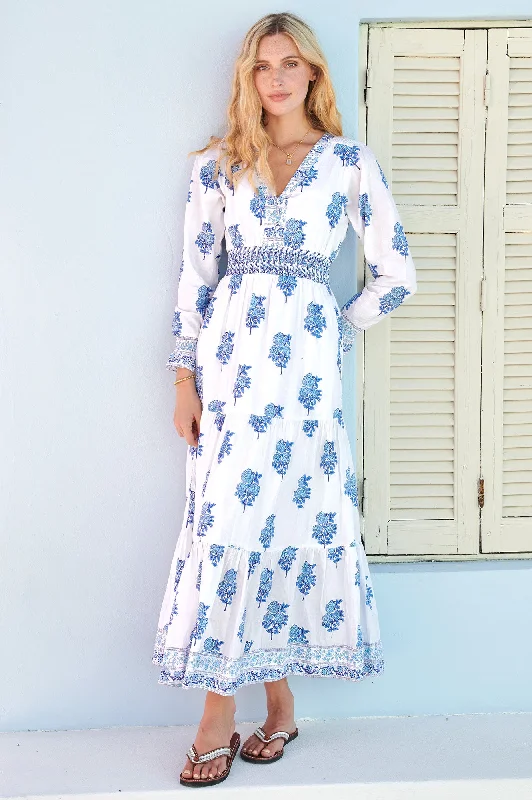 black maxi dresses for summer -Maxi dress with trumpet sleeves,Billie Block Print Dress | Daliya Buta Blue