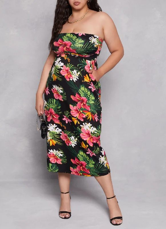 plus size maxi dresses for summer -Maxi dress with sporty look,Plus Size Floral Print Maxi Tube Dress