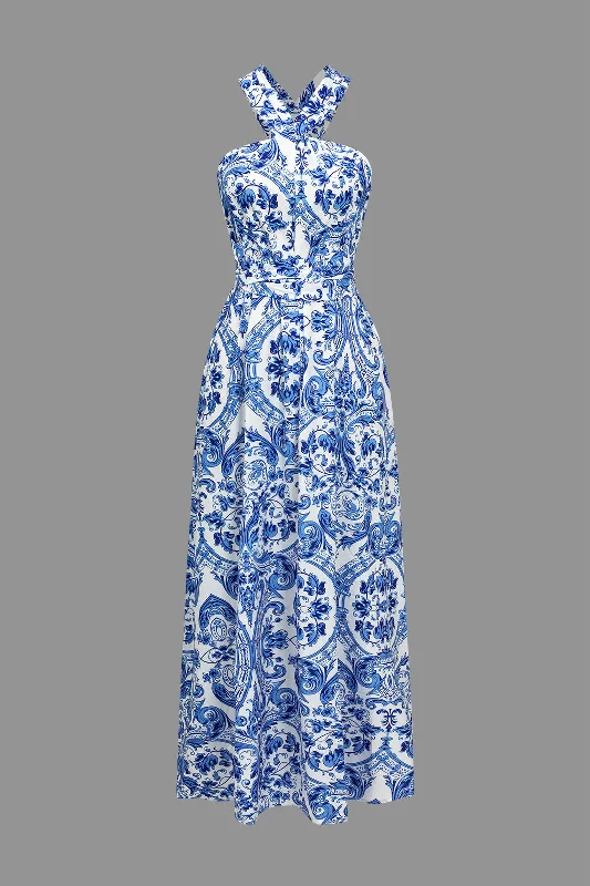 long maxi dresses with slits -Maxi dress for wedding guests,Baroque Print Cross Cut Out Maxi Dress