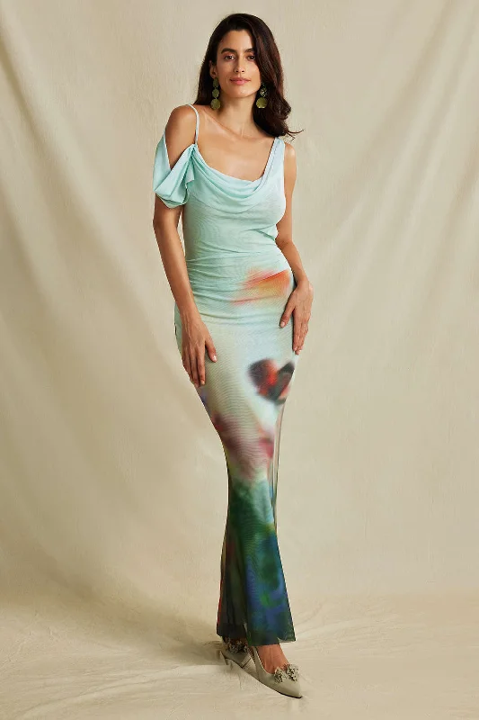 plus size maxi dresses online -Maxi dress with oversized fit,Tie Dye Mesh Backless Asymmetric Cowl Neck Maxi Dress