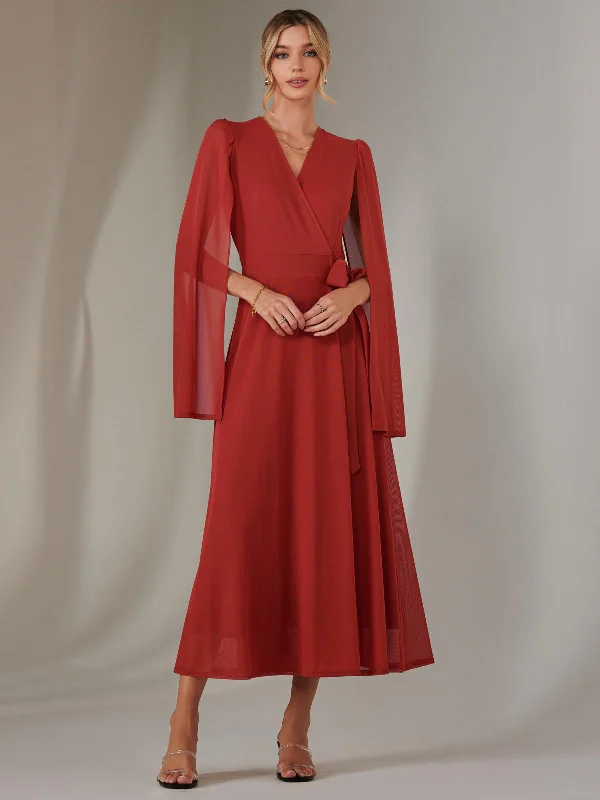 velvet maxi dresses online -Maxi dress with bustier top,Amira Cape Sleeve Wrapped Maxi Dress, Brick Red