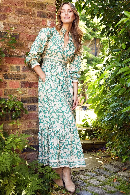 elegant maxi dresses for date -Maxi dress with fringe details,Emmeline Block Print Dress | Tea Rose Green/Taupe