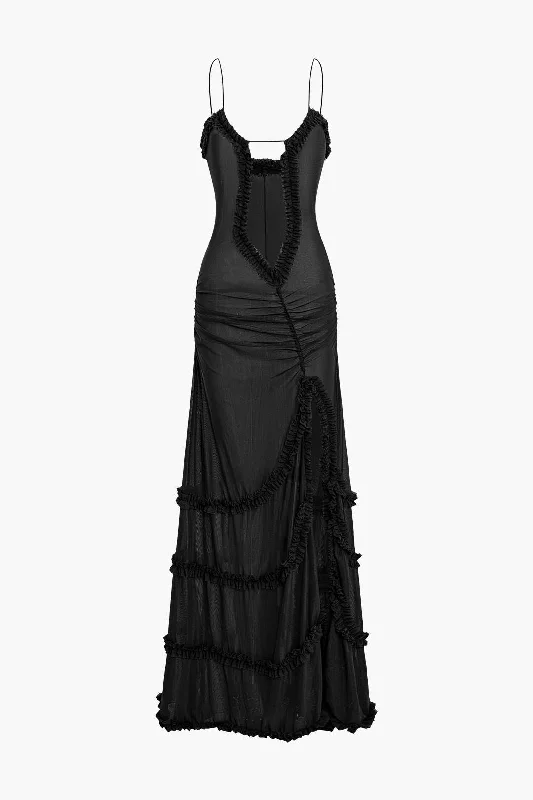 cheap maxi dresses for party -Maxi dress with illusion sleeves,Mesh Ruched Layered Frill Slip Maxi Dress