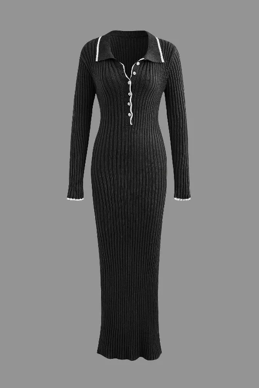 black maxi dresses for party -Maxi dress with puff sleeves,Collar Button Long Sleeve Knit Maxi Dress