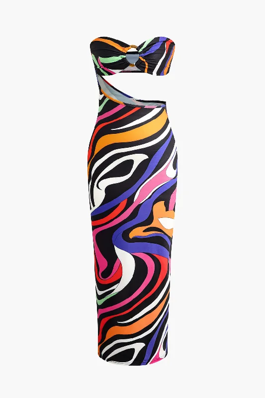 affordable maxi dresses for date -Maxi dress with cap sleeves,Abstract Print Cut Out Strapless Maxi Dress