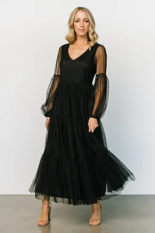 floral maxi dresses for women -Maxi dress with trumpet sleeves,Hoffman Tulle Maxi Dress | Black