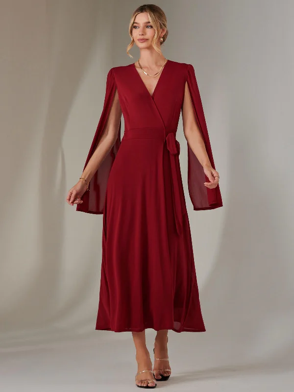 evening maxi dresses for summer -Maxi dress for beach vacation,Amira Cape Sleeve Wrapped Maxi Dress, Merlot