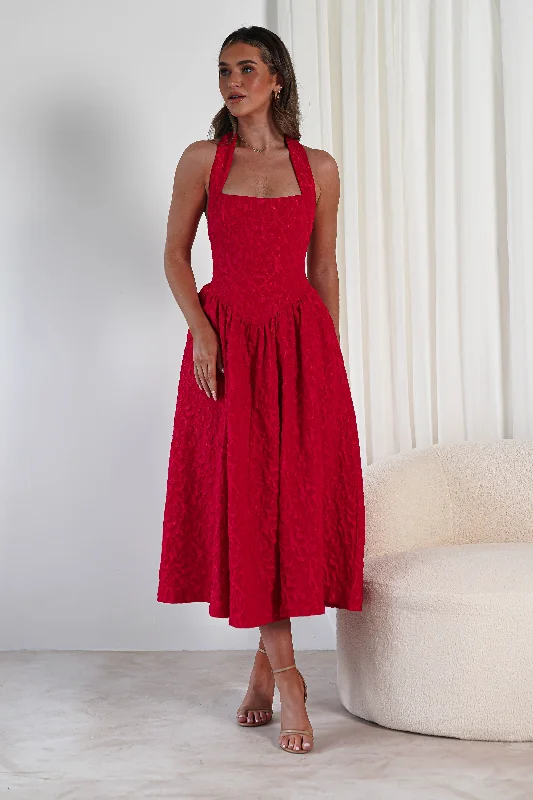 long maxi dresses for women -Maxi dress with halter neck,Margot Textured Midaxi Dress | Red