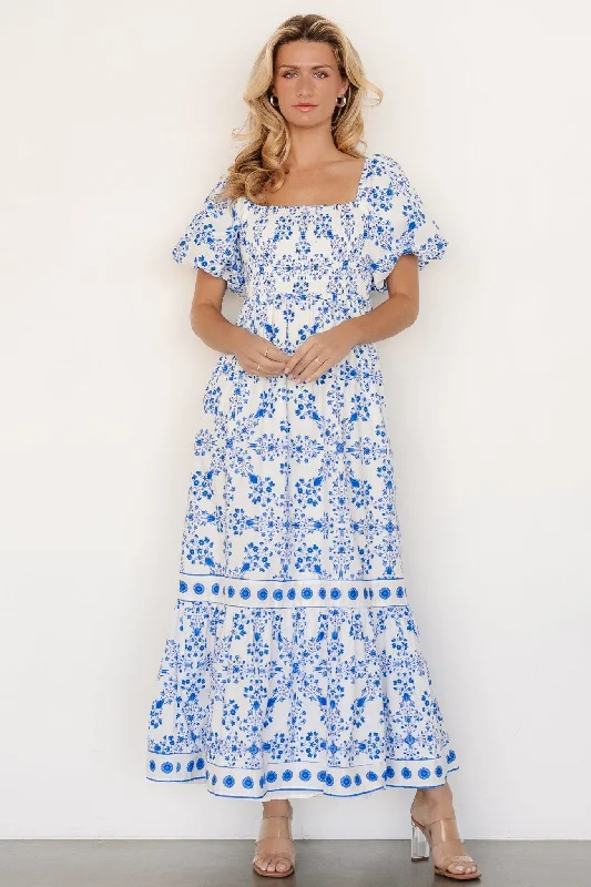 elegant maxi dresses for women -Maxi dress with bell sleeves,Lexa Smocked Maxi Dress | Off White + Blue Floral