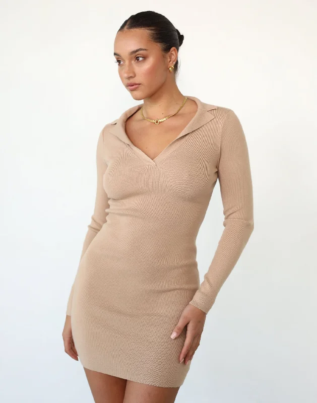 affordable maxi dresses for summer -Maxi dress with metallic finish,Sara Long Sleeve Mini Dress (Beige)