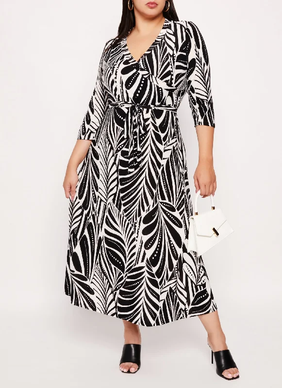 trendy maxi dresses for summer -Maxi dress with patchwork design,Plus Size Leaf Print Faux Wrap Dress