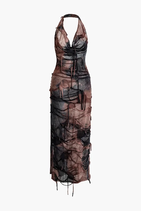 cotton maxi dresses online -Maxi dress with embroidered flowers,Tie Dye Distressed Mesh Slit Halter Cowl Neck Maxi Dress