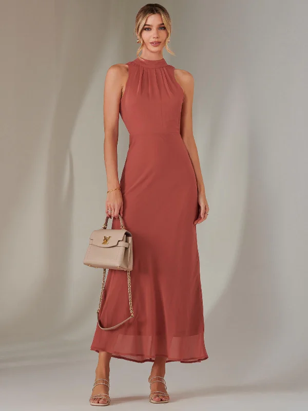 cotton maxi dresses online -Maxi dress with wrap style,Halter Neck Open Back Chiffon Maxi Dress, Dark Coral