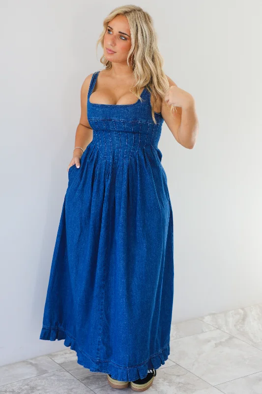 evening maxi dresses online -Maxi dress with polka dots,Cancelled Plans Denim Maxi Dress: Denim