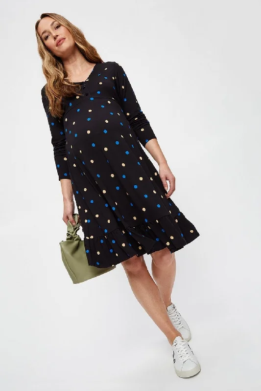 trendy midi dresses for women -Midi dress with faux leather,Multi Colour Spot V-Neck Tier Midi Dress