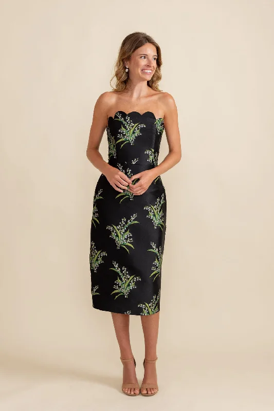 casual midi dresses for sale -Midi dress with modern design,Hayes Bodice with Straight Skirt Midi in Jacquard - Lily of the Valley