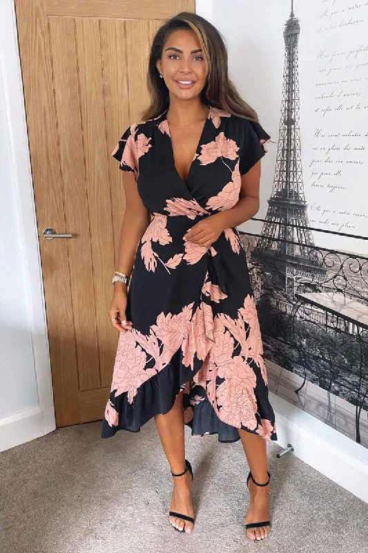 trendy midi dresses for summer -Midi dress with floral print,Blush and Black Floral Print Wrap Midi Dress