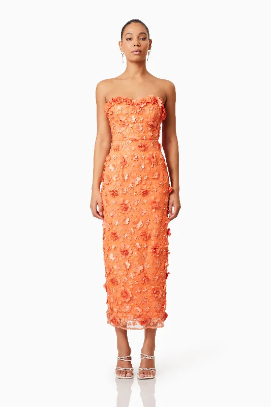 sparkly midi dresses online -Midi dress with illusion sleeves,Bluebell Strapless 3D Midi Dress in Orange