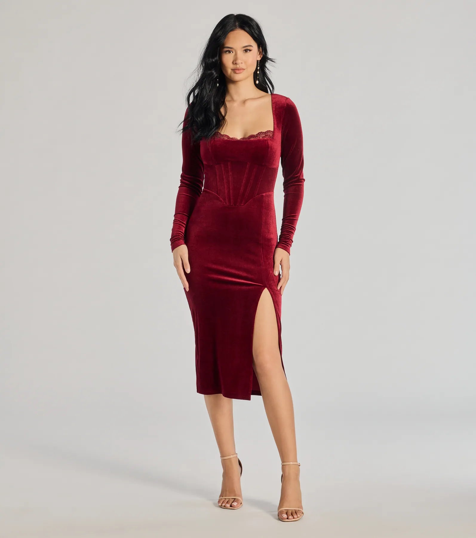 affordable midi dresses for sale -Midi dress with tie waist,Enchanted Allure Velvet Corset Midi Dress