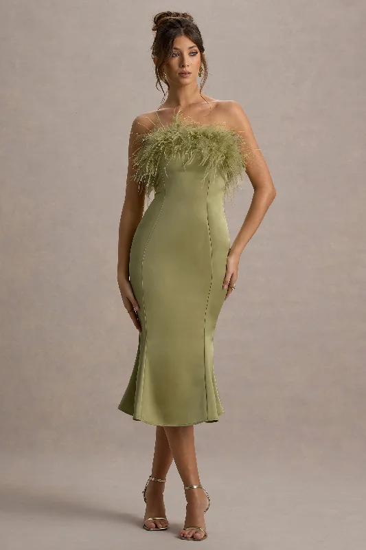 affordable midi dresses online -Midi dress with casual comfort,One And Only | Light Green Satin Feather Trim Midi Dress