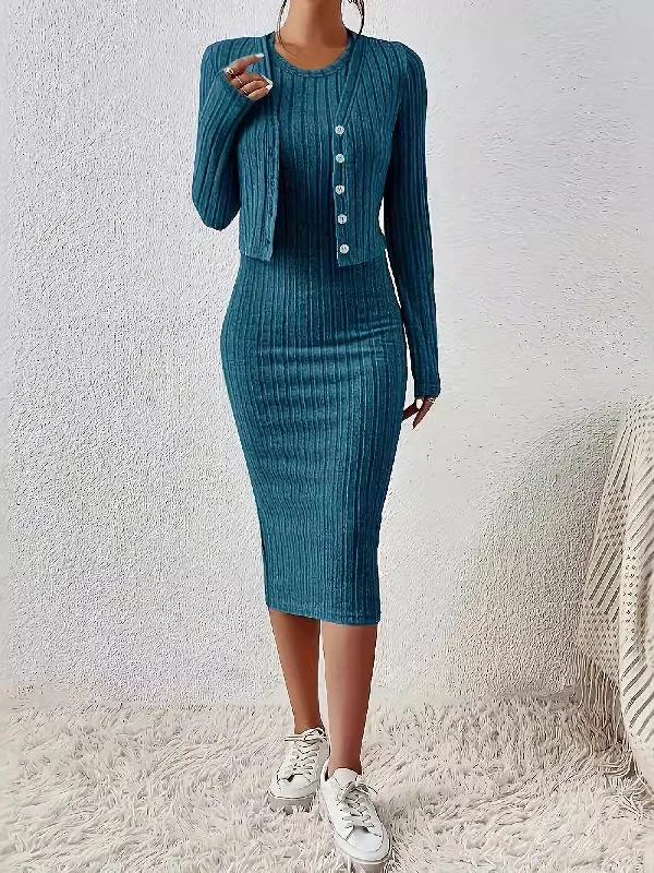 long sleeve midi dresses for summer -Midi dress with satin fabric,2 Pieces Sleeveless Bodycon Midi Sweater Dress & Long Sleeves Cropped Cardigan Sets