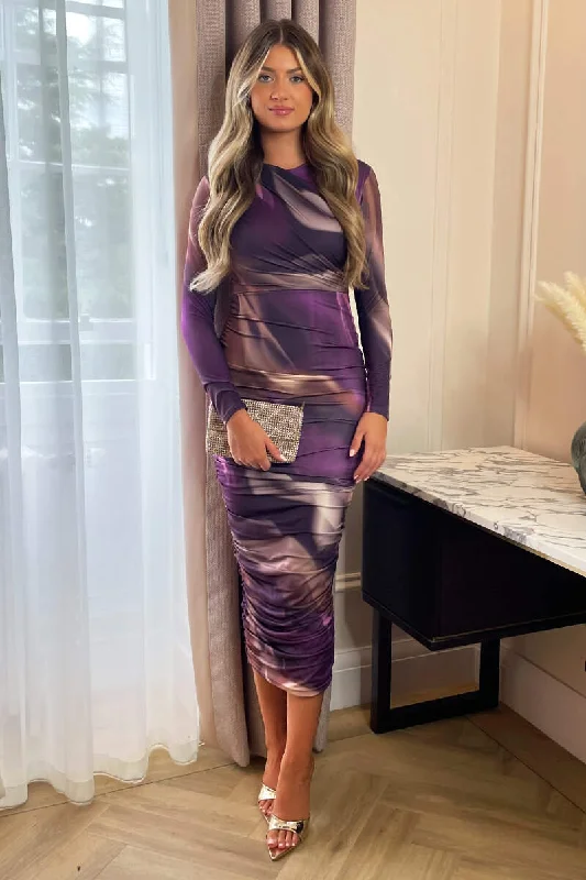 designer midi dresses for party -Midi dress with faux leather,Plum Printed Long Sleeve Ruched Bodycon Midi Dress