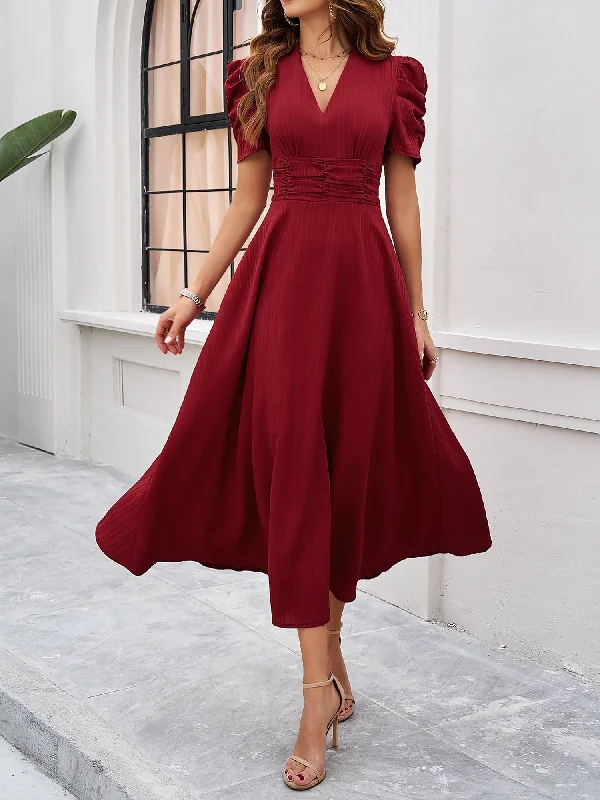 boho midi dresses with patterns -Midi dress with bell sleeves,Textured Puff Short Sleeves Ruched Midi A-Line Dress