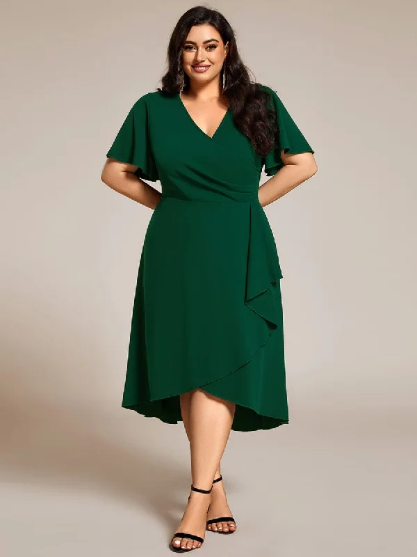 trendy midi dresses for date -Midi dress with unique patterns,Plus Size High-Stretch V-neck Midi Wedding Guest Dress