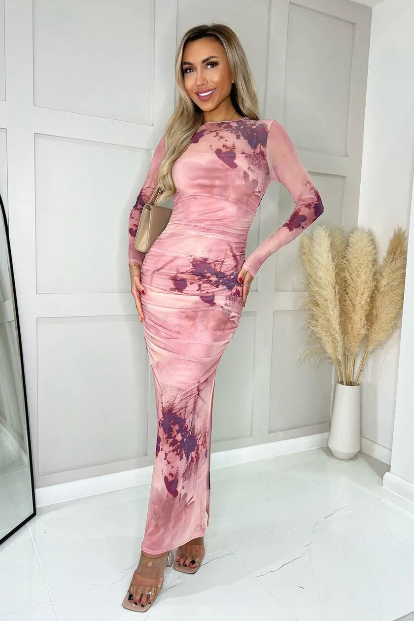 designer midi dresses online -Midi dress with retro style,Blush Mesh Overlay Long Sleeve Bodycon Midi Dress