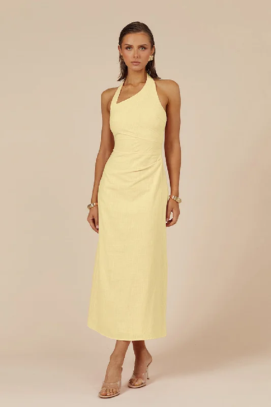 affordable midi dresses for fall -Midi dress with puff sleeves,SAPHIRA LONG MIDI DRESS - LEMON