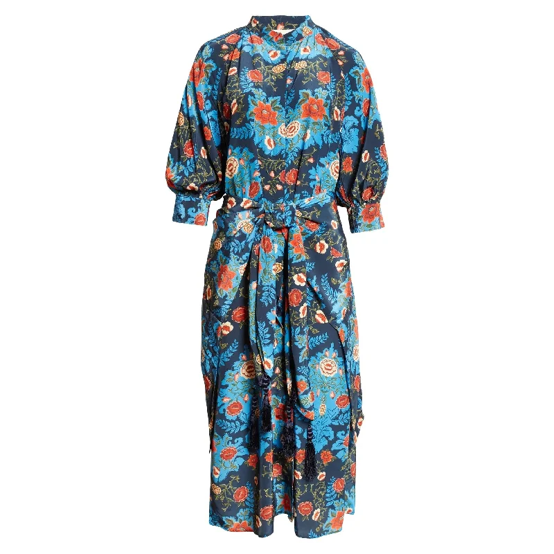 yellow midi dresses online -Midi dress with wild prints,Farm Rio Womens Tie Front Midi Dress Arabesque Floral Blue