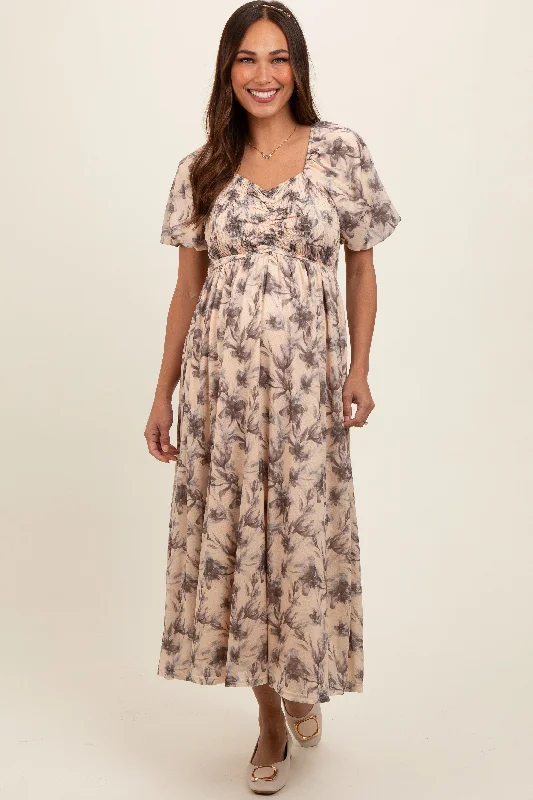 cotton midi dresses online -Midi dress with vintage inspiration,Cream Floral Smocked Short Puff Sleeve Maternity Midi Dress