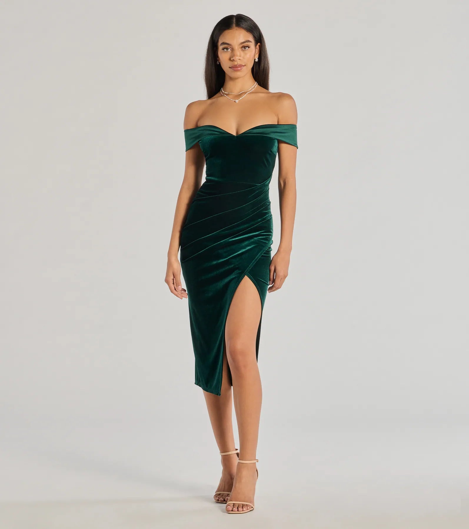 cheap midi dresses for date -Midi dress with utility style,Totally Luxe Velvet Off-The-Shoulder Midi Dress