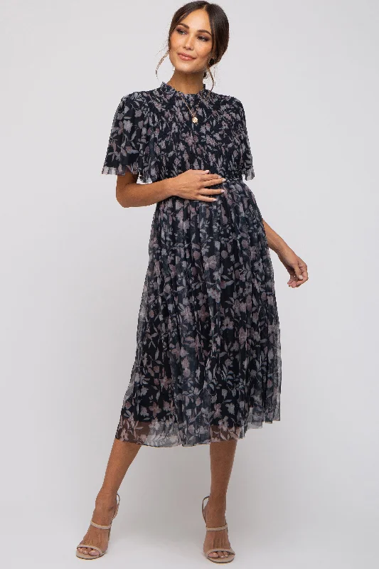 designer midi dresses for sale -Midi dress with lace-up front,Black Floral Smocked Mesh Knit Maternity Midi Dress