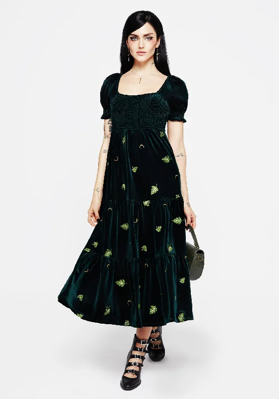 trendy midi dresses with ruffles -Midi dress with cowl neck,Swamplife Frog Embroidered Velour Tiered Midi Dress